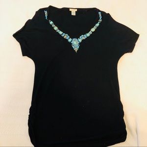 Cache shirred black tunic with turquoise beading